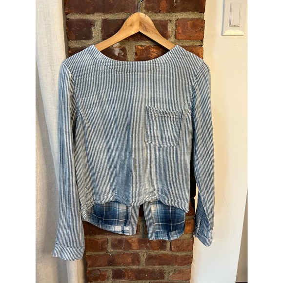 Anthropologie Cloth & Stone Boho distressed Cotton Striped Hi Low top XS - Picture 2 of 9